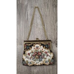 Floral Tapestry‎ Bag Kiss Lock Snap Metal Frame Gold Chain Strap Purse